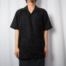 画像2: CARDINALI 刺繍デザイン キューバシャツ BLACK L (2)