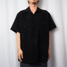 画像2: Venezzi 刺繍デザイン キューバシャツ BLACK XL (2)