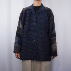 画像2: 90's VILLA FACTORY 柄織り スナップボタン オープンカラーシャツ NAVY (2)