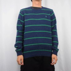 画像2: 90's POLO Ralph Lauren ロゴ刺繍 ボーダー柄 コットンニットセーター NAVY M (2)