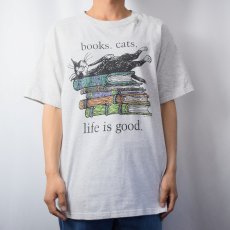 画像2: Edward Gorey "books.cats." 本×ねこプリントTシャツ L (2)