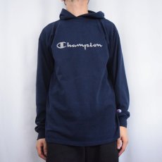 画像2: 90's Champion USA製 ロゴ刺繍 フード付きロンT NAVY L (2)