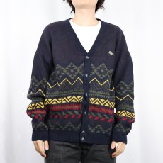 画像2: 90's LACOSTE FRANCE製 ネイティブ柄 ウールニットカーディガン NAVY SIZE 5 (2)