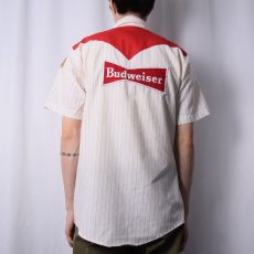 画像4: 80's Budweiser USA製 チェーン刺繍×パッチ付き ストライプ柄 ウエスタンシャツ 15-15 1/2 (4)