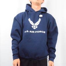 画像2: 90's U.S.AIR FORCE USA製 プリントスウェットフーディー NAVY L (2)