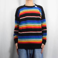 画像2: 80's Cuddle Knit USA製 マルチボーダー柄 アクリルニットセーター L (2)