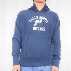 画像2: 70's Champion REVERSE WEAVE 青単色タグ USA製 "FALLS NORTH INDIANS" ウイングフットプリントスウェットフーディー NAVY S (2)