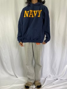 画像2: 90's〜 DISCUS USA製 "NAVY" プリントスウェットフーディー XL (2)