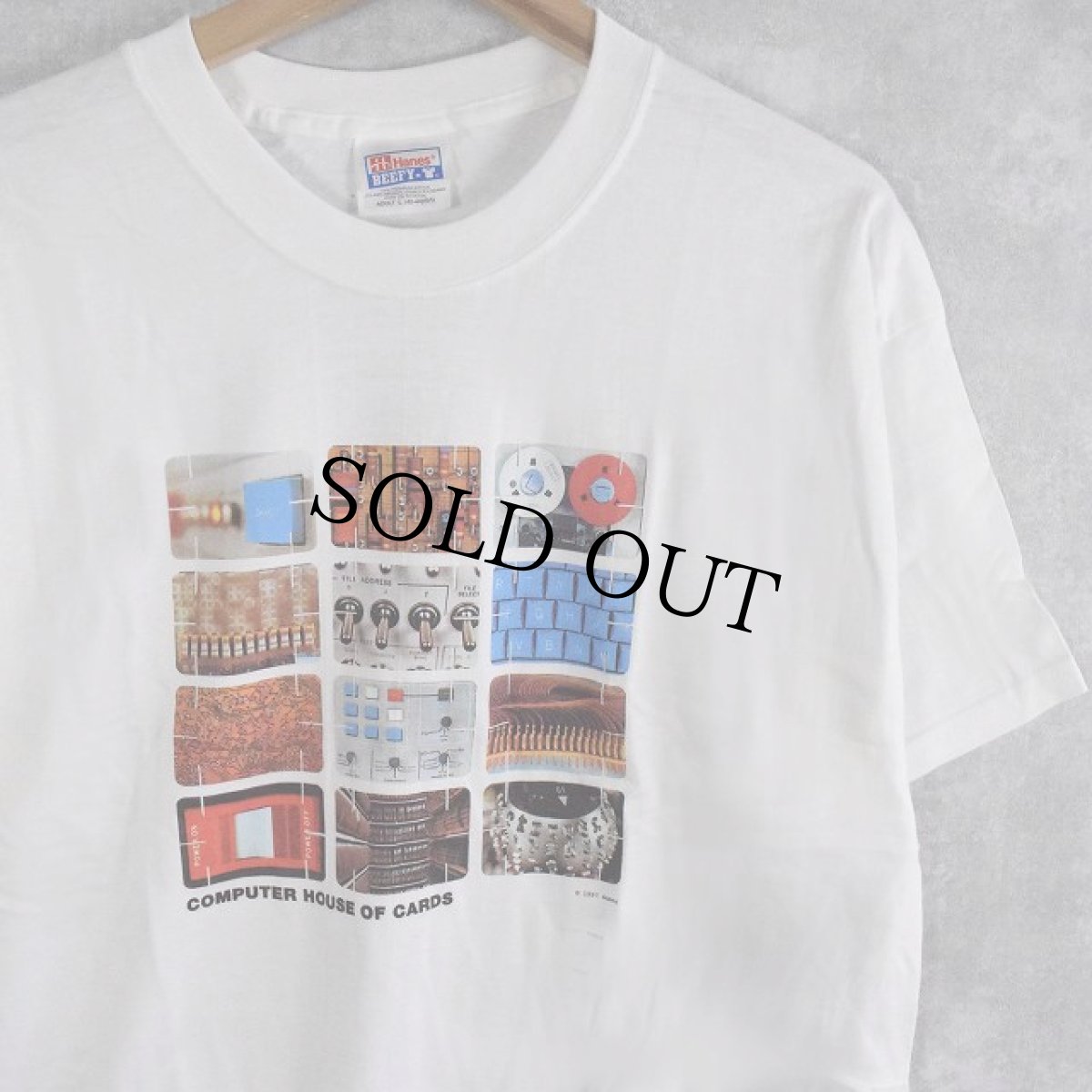 画像1: 90's Eames office "COMPUTER HOUSE OF CARDS" インテリア企業プリントTシャツ WHITE DEADSTOCK L (1)