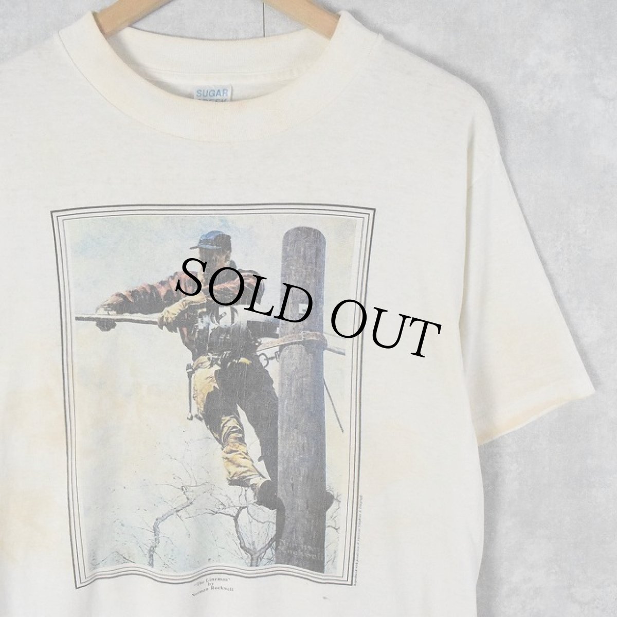 画像1: 90's Norman Rockwell USA製 "The Lineman" アートプリントTシャツ L (1)