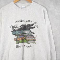 画像1: Edward Gorey "books.cats." 本×ねこプリントスウェット L (1)