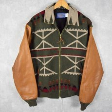 画像1: 90's PENDLETON USA製 ネイティブ柄 レザー切り替え ウール×コットンジャケット M (1)