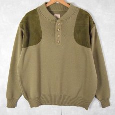 画像1: FILSON USA製 レザーパッチ付き ヘンリーネックウールニットセーター L (1)