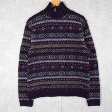 画像1: POLO Ralph Lauren "HAND KNIT" ネイティブ柄 ハーフジップウールニットセーター M (1)