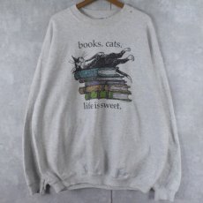 画像1: 90's Edward Gorey "books.cats." 本×ねこプリントスウェット XL (1)