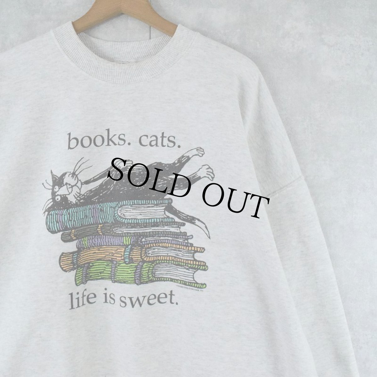 画像1: 90's Edward Gorey "books.cats." 本×ねこプリントスウェット XXL (1)