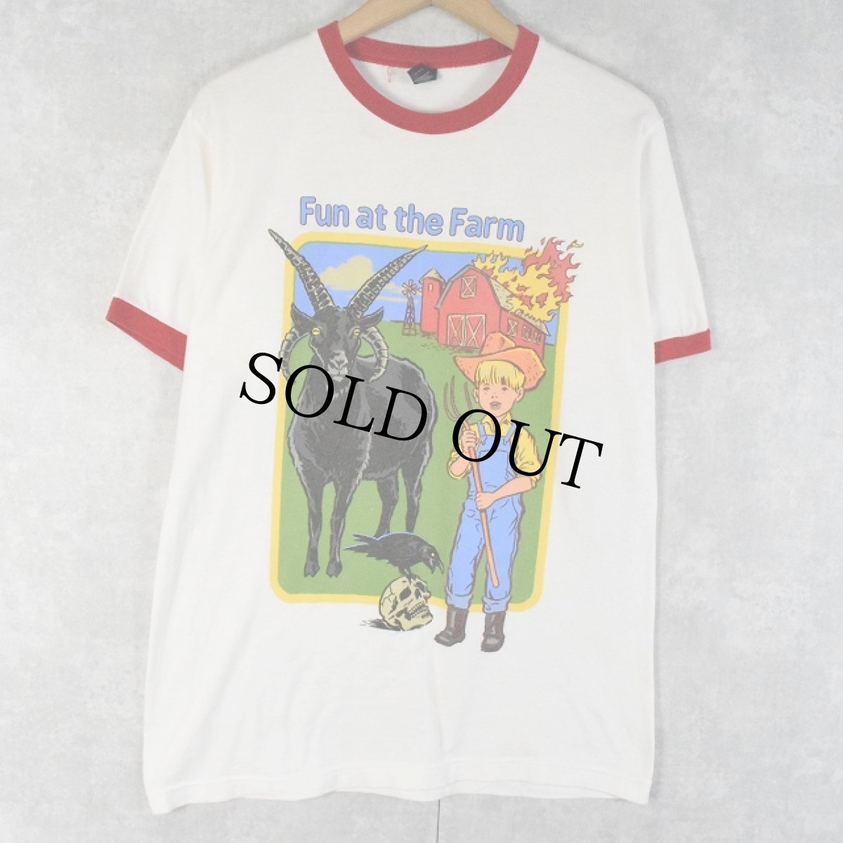 画像1: Steven Rhodes "Fun at the Farm" イラストプリントリンガーTシャツ M (1)