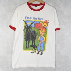 画像1: Steven Rhodes "Fun at the Farm" イラストプリントリンガーTシャツ M (1)