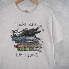 画像1: Edward Gorey "books.cats." 本×ねこプリントTシャツ L (1)