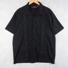 画像1: SOBRINO ポリエステル×コットン 刺繍デザイン キューバシャツ BLACK XL (1)