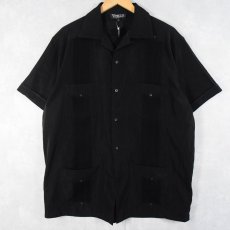 画像1: Venezzi 刺繍デザイン キューバシャツ BLACK XL (1)