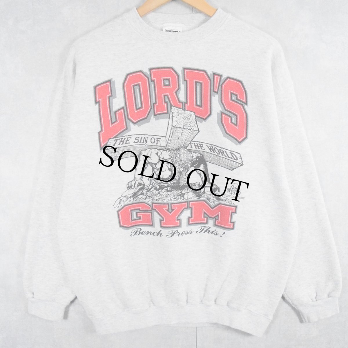 画像1: 90's LORD'S GYM "HIS PAIN YOUR GAIN" ジーザスパロディプリントスウェット L (1)