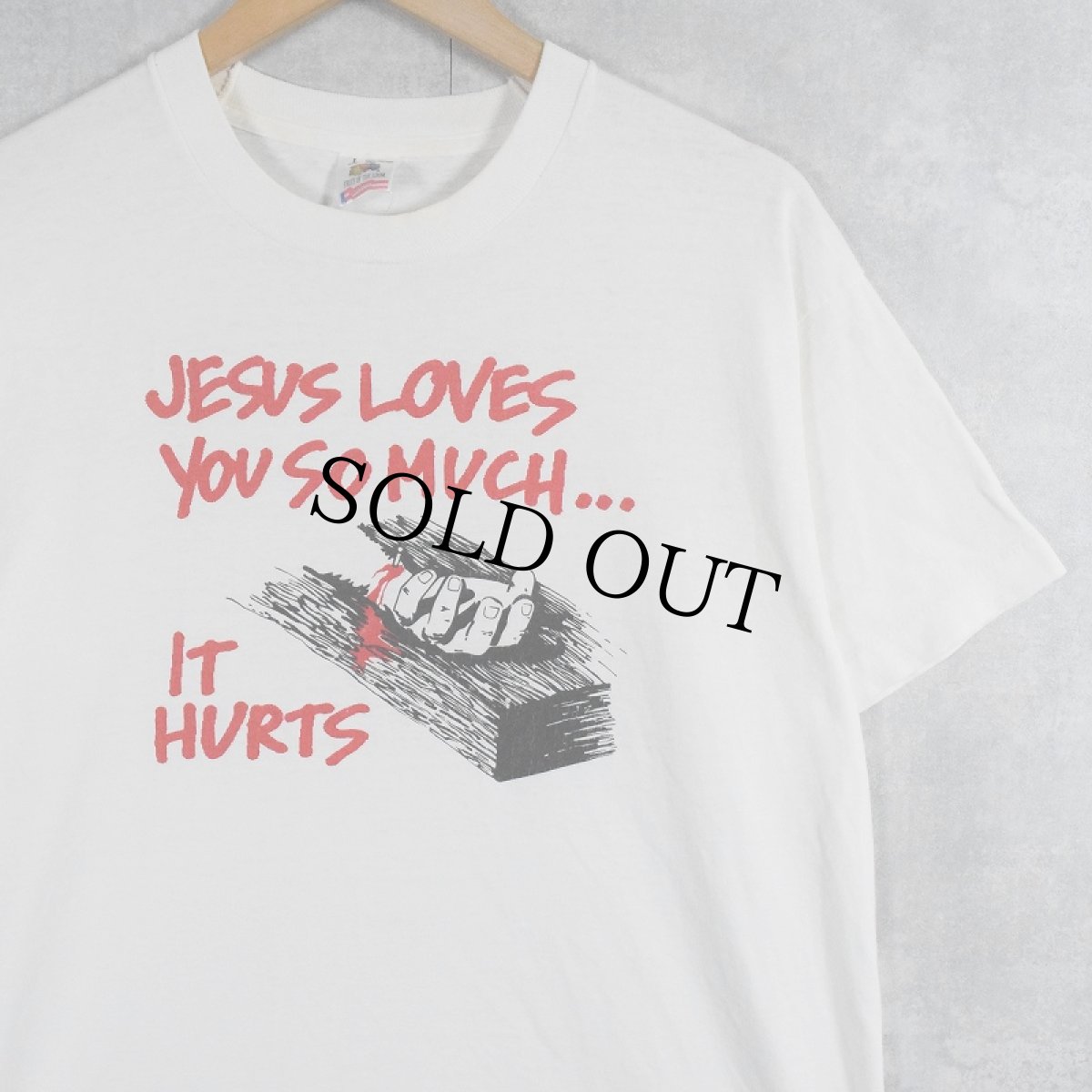 画像1: 90's USA製 "JESUS LOVES YOU SO MUCH... IT HURTS" ジーザスプリントTシャツ L (1)