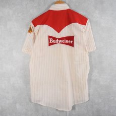 画像1: 80's Budweiser USA製 チェーン刺繍×パッチ付き ストライプ柄 ウエスタンシャツ 15-15 1/2 (1)