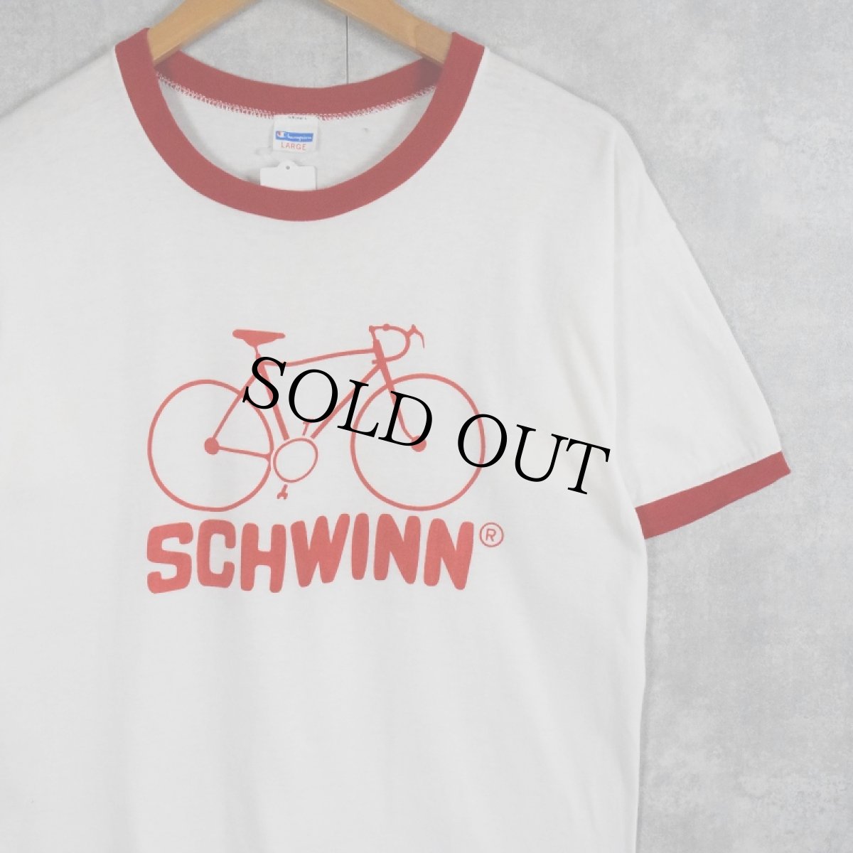 画像1: 70's Champion USA製 バータグ "SCHWINN" 自転車プリントリンガーTシャツ L (1)