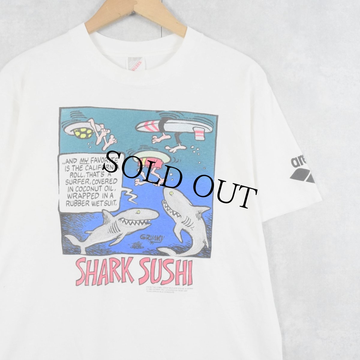 画像1: 90's GRIMMY USA製 "SHARK SUSHI" サメイラストプリントTシャツ L (1)