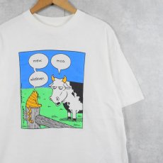 画像1: 90's John Baynham USA製 "mew. whatever. moo." シュールイラストプリントTシャツ XL (1)