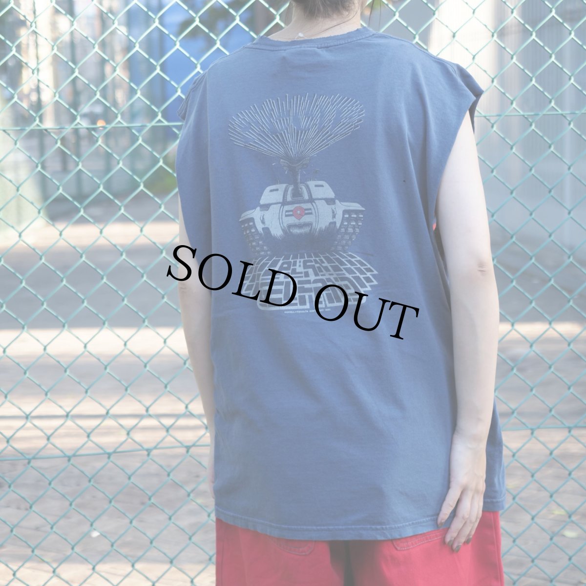 画像1: 2000's POWELL PERALTA "ALAN GELFAND OLLIE" スケートブランドプリント カットオフTシャツ NAVY XL (1)