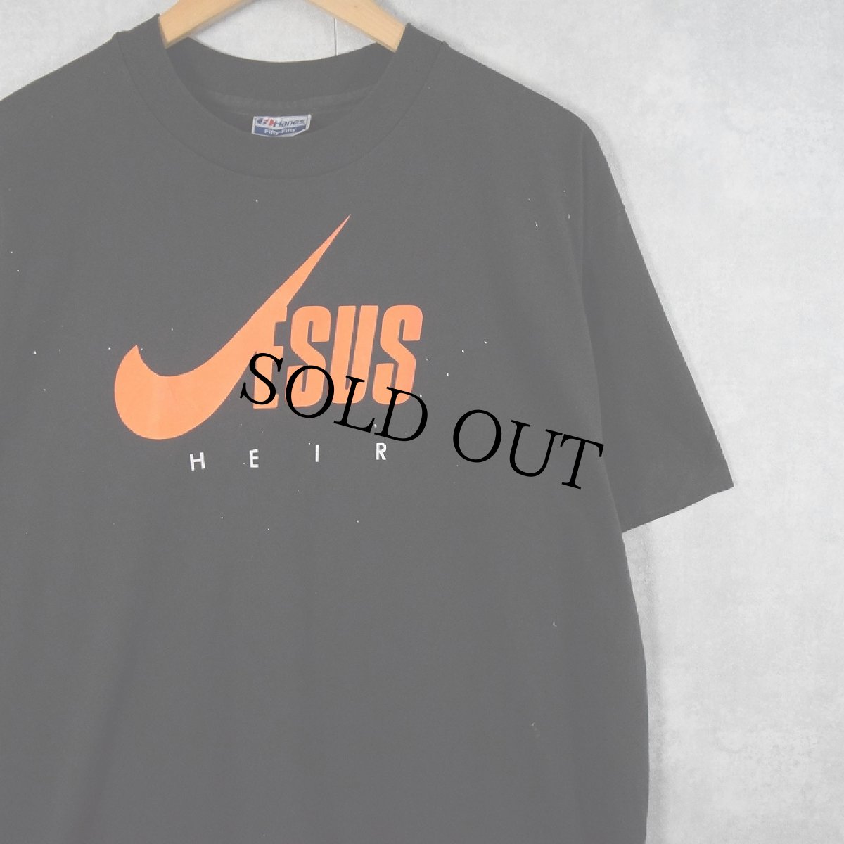 画像1: 90's "JESUS HEIR" USA製 ジーザスパロディTシャツ BLACK XL (1)