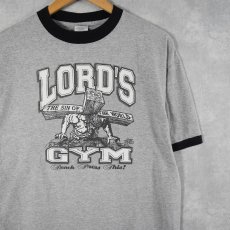 画像1: LORD'S GYM USA製 "HIS PAIN YOUR GAIN" ジーザスパロディリンガーTシャツ L (1)