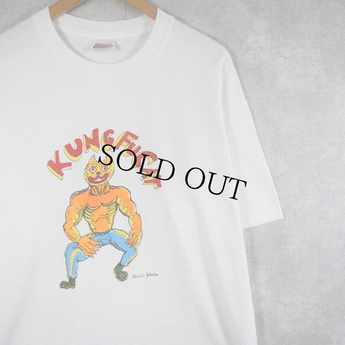 画像1: 【お客様お支払処理中】〜2000's Daniel Johnston  "KUNG FU CAT" アートプリントTシャツ L (1)