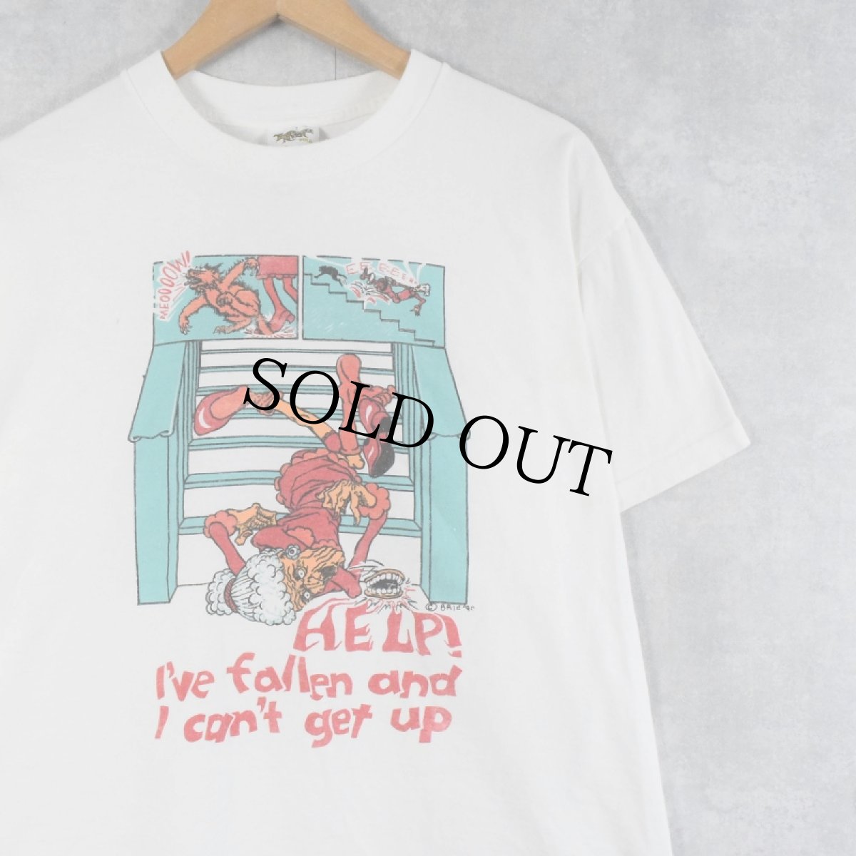 画像1: 90's USA製 "HELP! I've fallen and I can't get up" イラストプリントTシャツ XL (1)