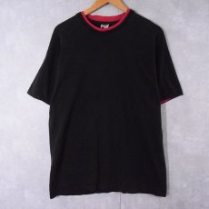 画像1: 90's FRUIT OF THE LOOM USA製 無地 レイヤードデザインTシャツ BLACK×RED L (1)