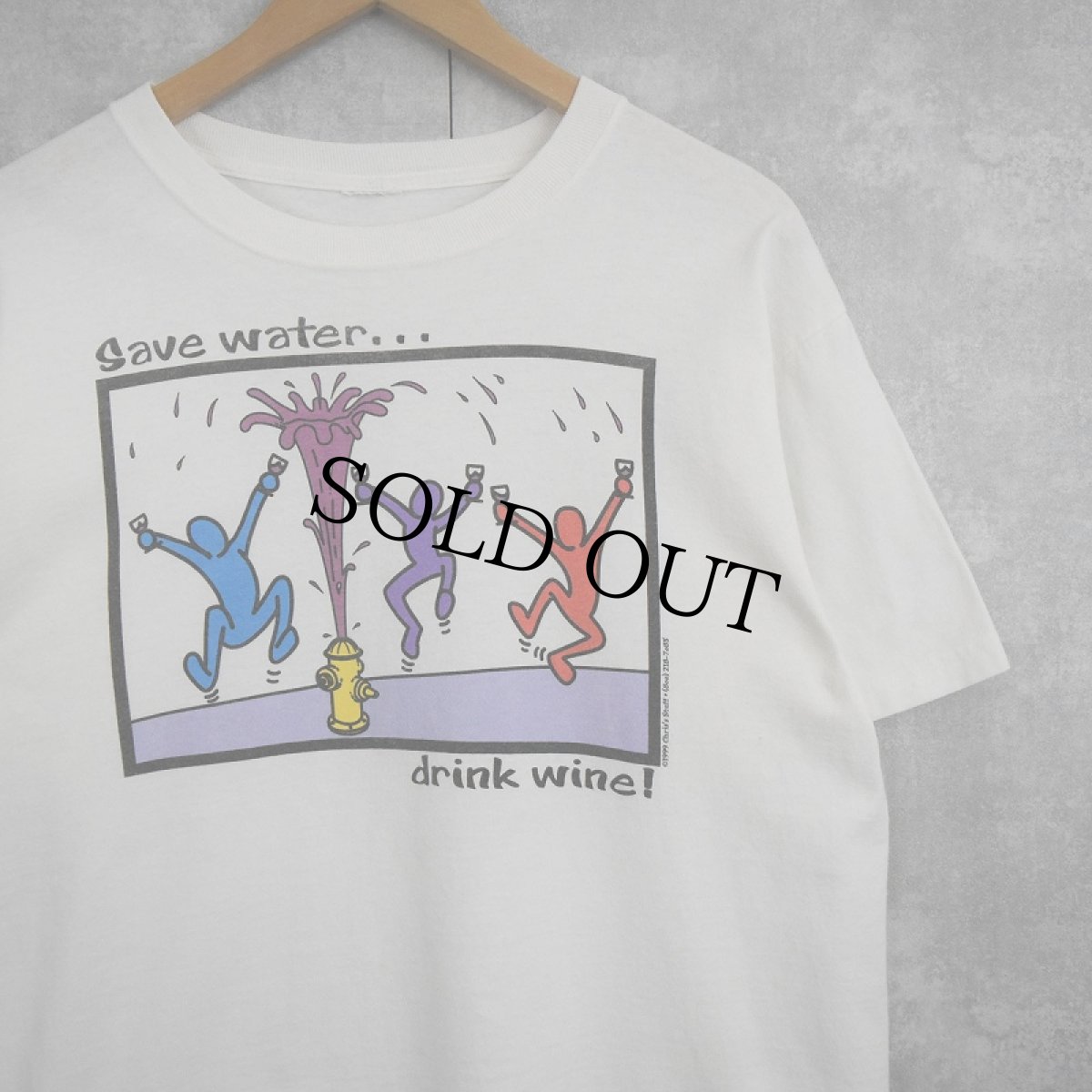 画像1: 90's Chris's Stuff "Save Water Drink Wine" アートプリントTシャツ (1)