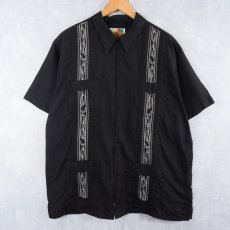 画像1: GUAYABERA フルジップ 刺繍デザイン キューバシャツ BLACK XL (1)