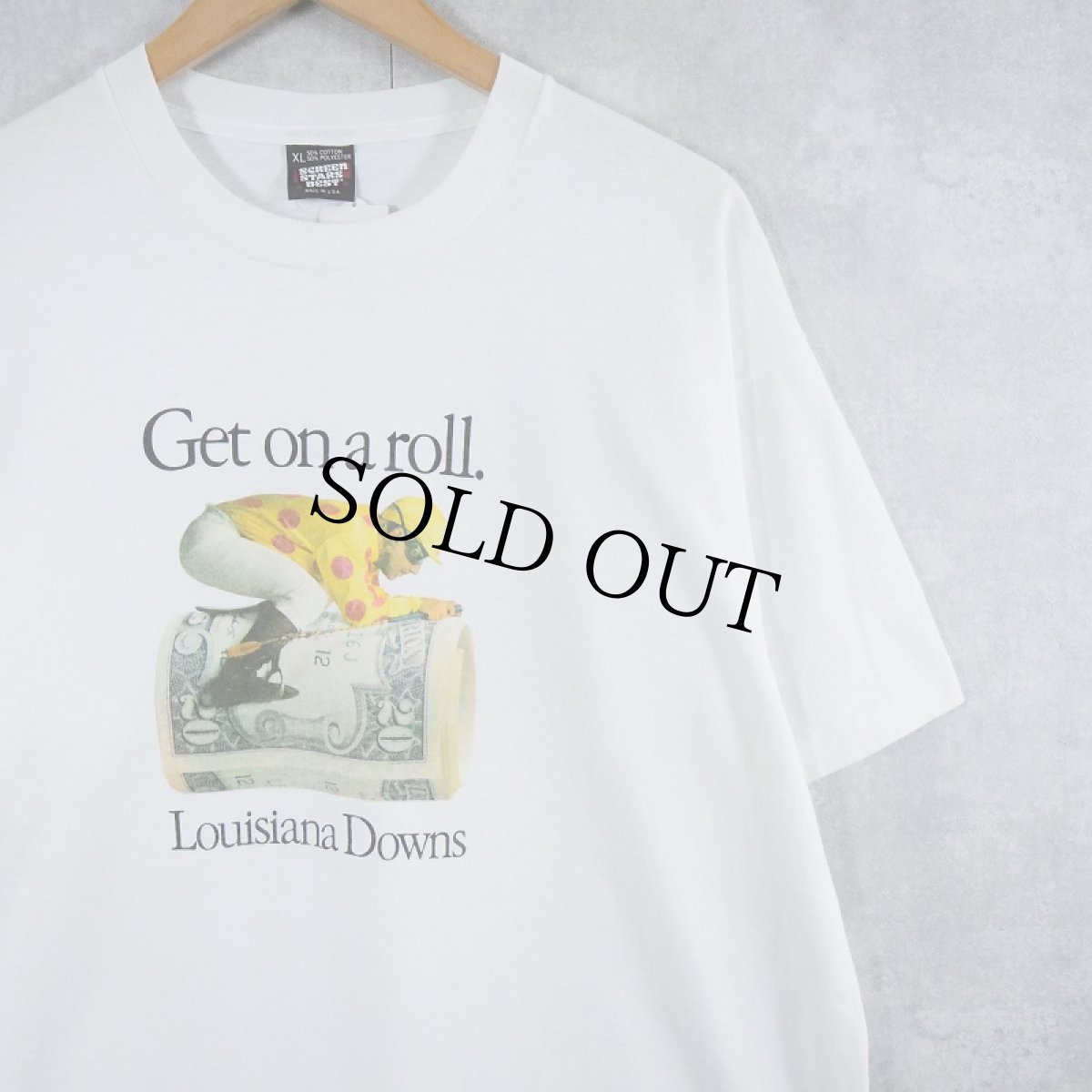 画像1: 90's USA製 "Get in a roll Loisiana Downs" 競馬場 ジョークTシャツ XL  (1)