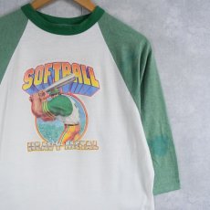 画像1: 80's USA製 "SOFTBALL HEAVY METAL" プリントラグランTシャツ L (1)