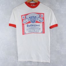 画像1: 80's Budweiser × Pizza Hut ロゴプリントリンガーTシャツ M (1)