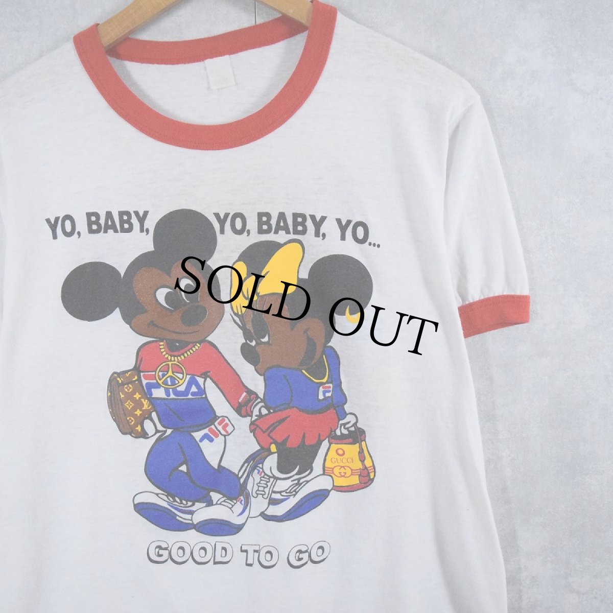 画像1: 80's "MICKEY MOUSE & MINNIE MOUSE" 黒人ミッキー キャラクターパロディリンガーTシャツ  (1)