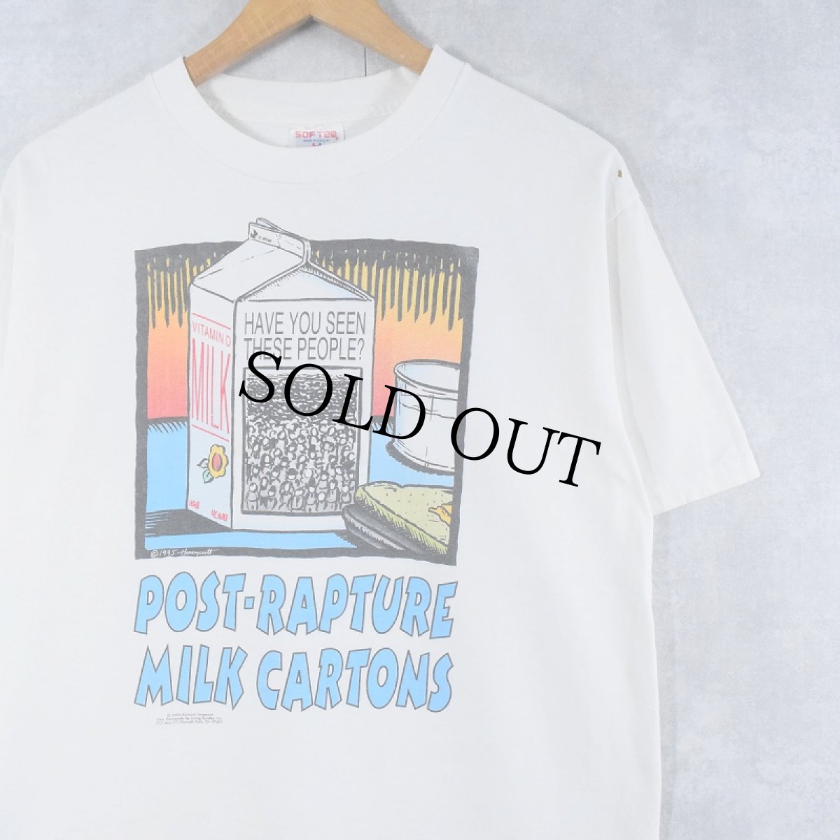 画像1: 90's USA製 "POST-RAPTURE MILK CARTONS" イラストプリントTシャツ L (1)