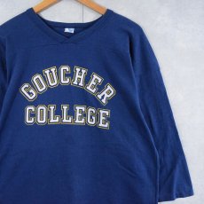 画像1: 70〜80's ARTEX USA製 "GOUCHER COLLEGE" フロッキープリント フットボールTシャツ L (1)