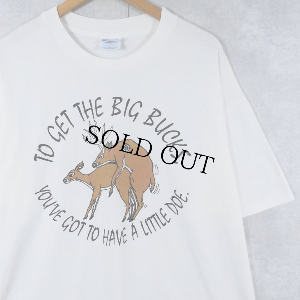 画像1: 90's "TO GET THE BIG BUCKS, YOU'VE GOT..." シュールイラスト エロプリントTシャツ XL (1)