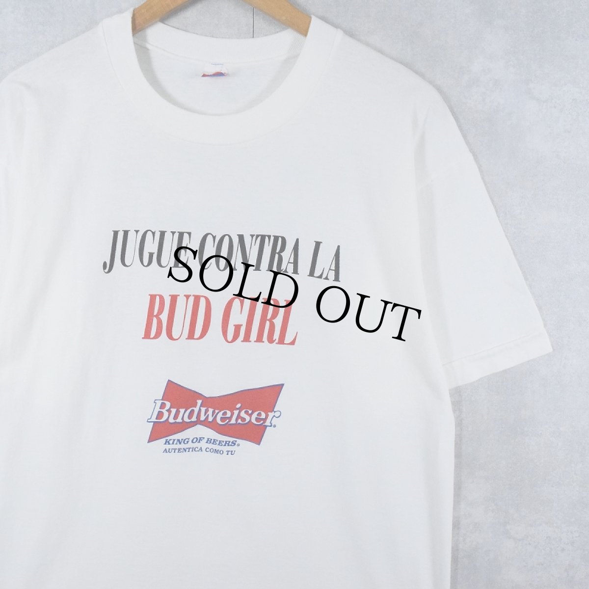 画像1: 90's Budweiser "JUGUE CONTRA LA BUD GIRL" ビールメーカープリントTシャツ XL (1)