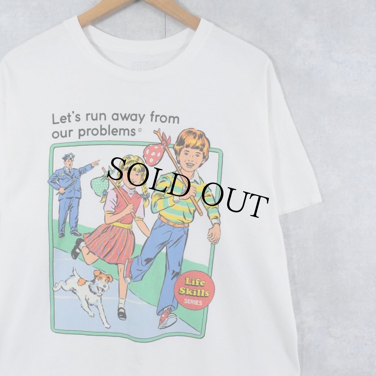 画像1: Steven Rhodes "Let's run away from our problems" イラストプリントTシャツ L (1)