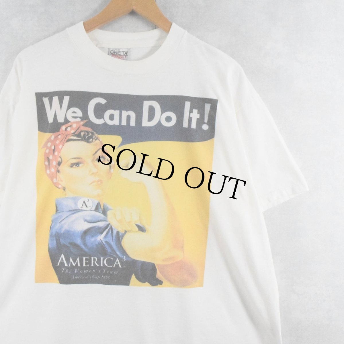 画像1: 90's Rosie The Riveter America's cup "We Can Do It!" 第二次世界大戦 ポスタープリントTシャツ XL (1)