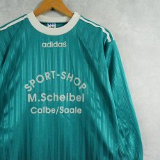 画像1: 80's adidas England製 "SPORT-SHOP M.Scheibel Calbe/Saale" フロッキープリントゲームシャツ (1)